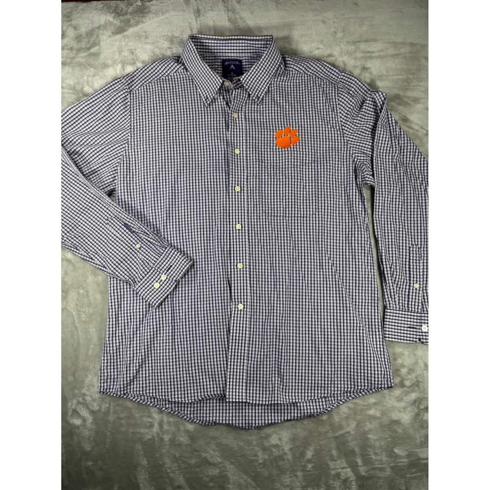 Antigua Clemson Tigers Mens XL Gingham Button‎ Down Shirt Navy Blue Orange Paw